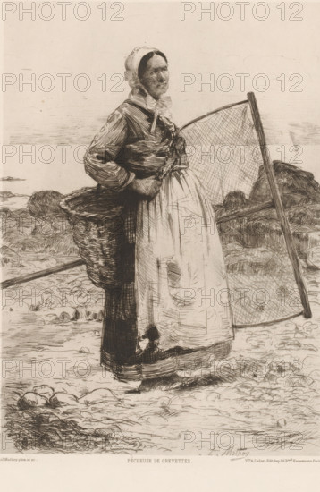 Fisherman's wife, Pécheuse de crevettes, French etchings from 1881, L'eau-forte en 1881, print,