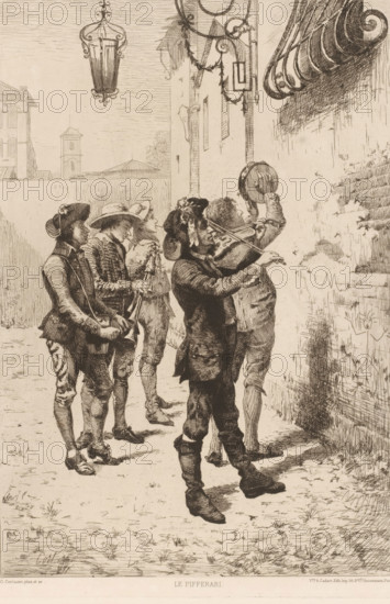 Group of Italian musicians under a balcony, Le pifferari, French etchings from 1881, L'eau-forte en