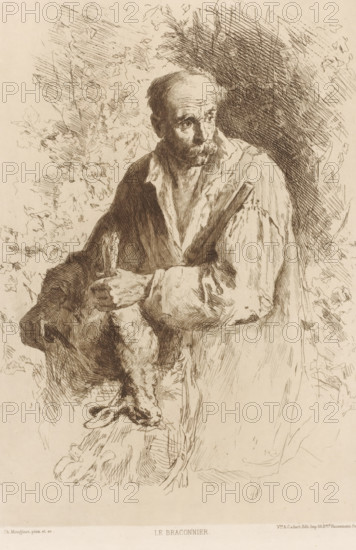 Hunter with dead hare, Le braconnier, L'eau-forte en 1881, French etchings from 1881, print, Series