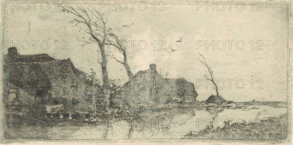 Farmhouse by a ditch, trees leaning in the wind, print, printmaker: Cornelis Vreedenburgh, 1906,