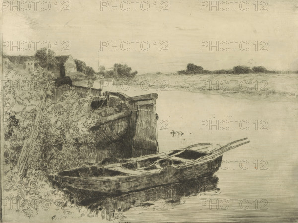 River with boats at the waterside, print, printmaker: Cornelis Vreedenburgh, 1890 - 1946, paper,