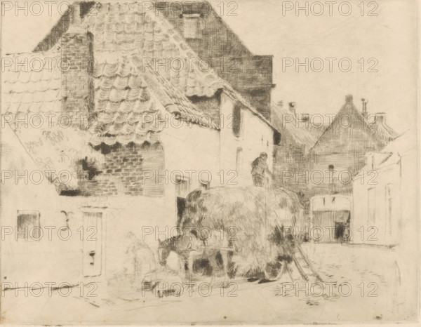 Hay wagon in village street, print, printmaker: Cornelis Vreedenburgh, 1890 - 1946, paper, etching,