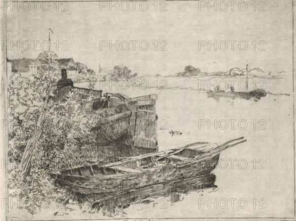 River with boats at the waterside, print, printmaker: Cornelis Vreedenburgh, 1890 - 1946, paper,