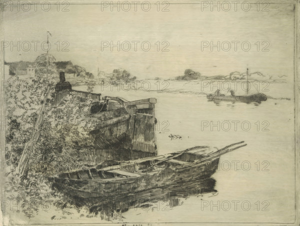 River with boats at the waterside, print, printmaker: Cornelis Vreedenburgh, 1890 - 1946, paper,
