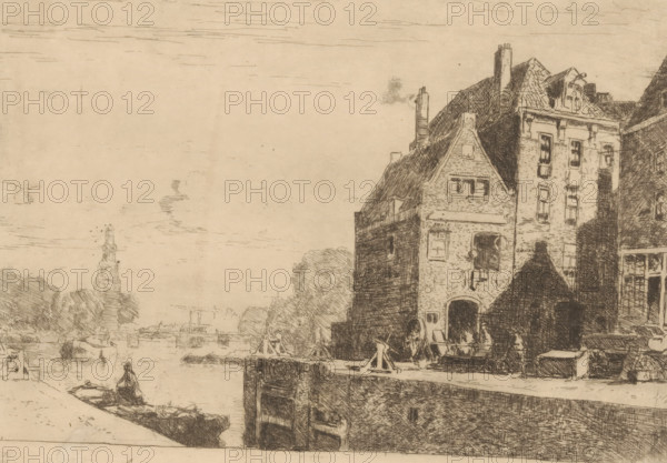 Sint Antoniesluis, Amsterdam, print, Right the Gosler House., printmaker: Cornelis Vreedenburgh,