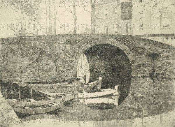 Bridge over a canal, print, Five rowing boats in the water on the left., printmaker: Cornelis