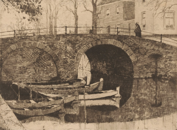 Bridge over a canal, print, Five rowing boats in the water on the left., printmaker: Cornelis