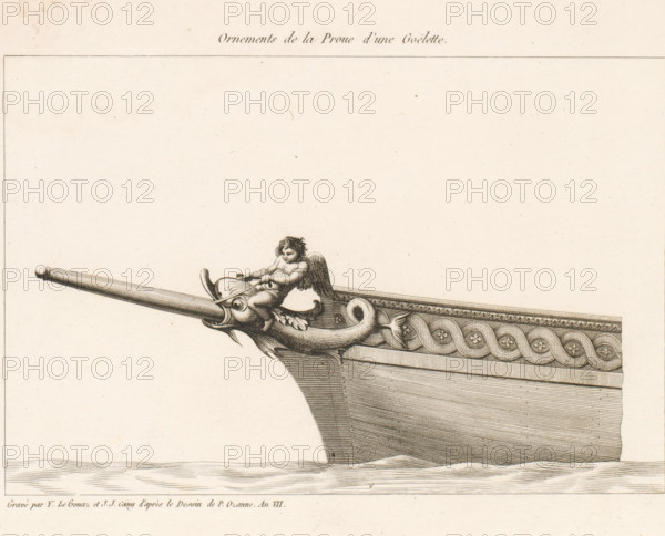 Ornements de la proue d'une goëlette, Figurehead of a schooner with putto on dolphin, Bow ornaments