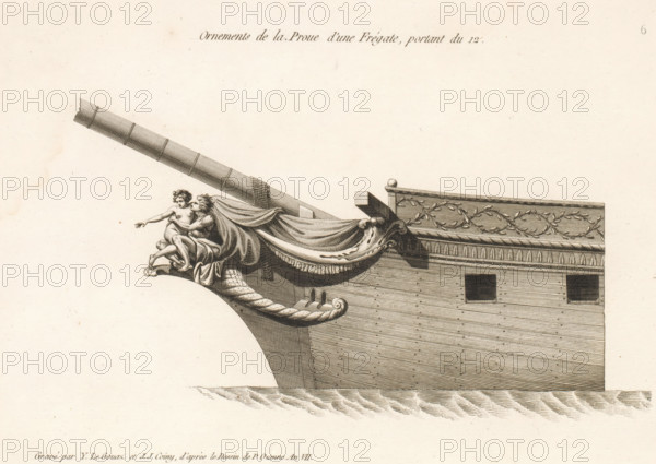 Prow and figurehead of a frigate, Ornements de la proue d'une frégate, portant du 12, Ornements de