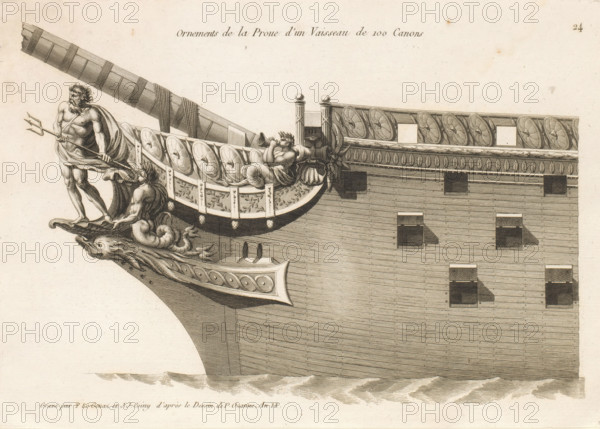 Prow of a sailing ship with figurehead of Neptune with trident, Ornements de la proue d'un vaisseau