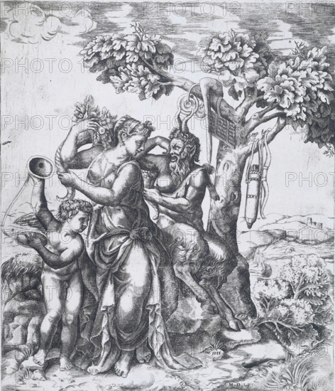 Pan, Pomona en Amor, print, album page, Pomona and Amor sitting under a tree with musical