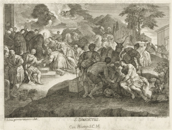 Saint Benedict and men with a treasure chest, S. Benedictus, print, printmaker: Martin Speer,