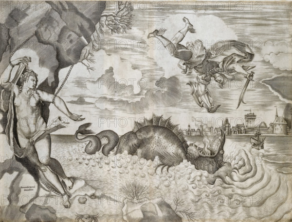 Perseus and Andromeda, print, album page, Left: Andromeda chained to a rock formation. Right: a