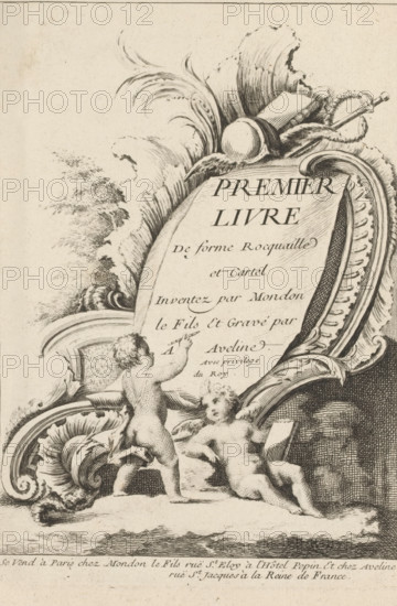 Title page with rocaille and putti, First series of rocaille and serrated ornaments, Premier Livre