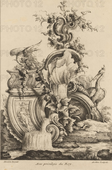 Rocaille with birds, Premier Livre de forme Rocquaille et Cartel, First series of rocaille and