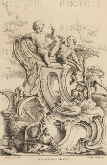 Rocaille with two putti, a dog and a sheep, print, album page, ornamental print, Series number, 5,