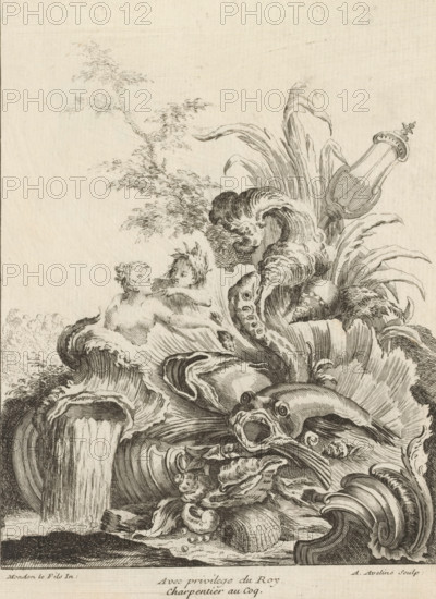Rocaille with nymphs and fish, Series of trophies, Livre de Trophée, print, album page, ornament