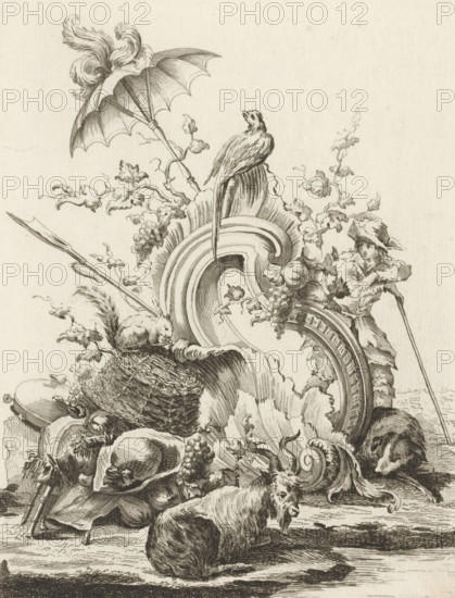 Rocaille with animals and bagpipes, Livre de Trophée, Series of trophies, print, album page,
