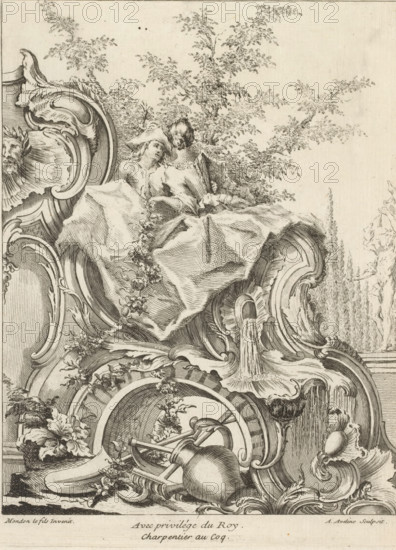 Rocaille with young couple and garden attributes, Series of trophies, Livre de Trophée, print,
