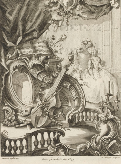 Rocaille with musical instruments and elegant lady, Livre de Trohée, Series of trophies, print,