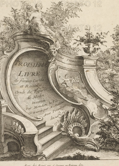 Title page with rocaille on landing staircase, Third series of rocaille and cartella ornaments,