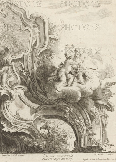 Rocaille with putti, L'Amour Couronnée, Third series of rocailles and serrated ornaments, Troisième