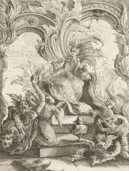 Rocaille with man sitting on throne surrounded by dragons, Rocaille with two Orientals and dragons