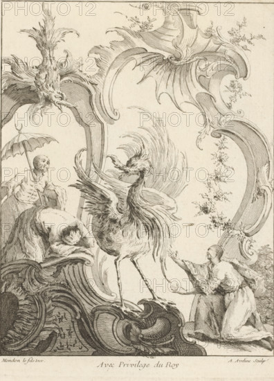 Rocaille with three figures in Chinese costume surrounding a fantasy bird, Quatrième Livre de