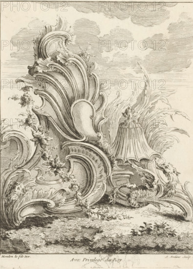 Rocaille with dragon and floral garland, Fourth series of rocailles, figures and Chinese dragons,