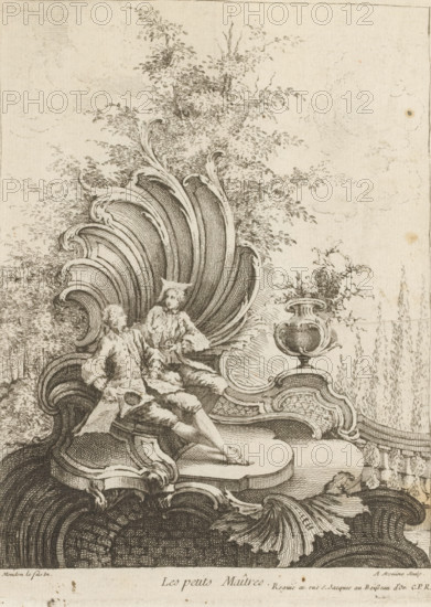 Rocaille with two young men, Les petits Maîtres, Sixieme Livre de Formes Rocailles et Cartels ornés