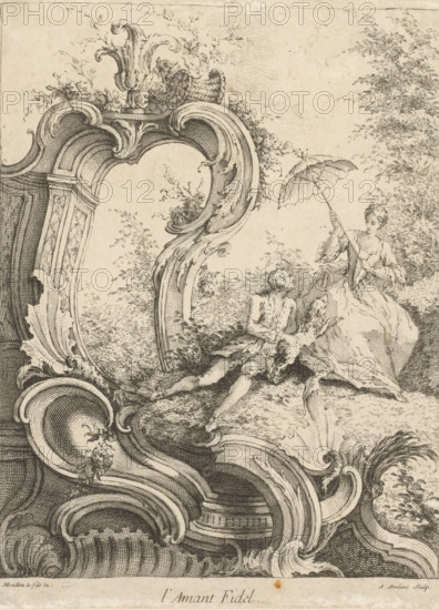 L'Amant Fidel, Rocaille with young couple with dog, Sixth series with rocaille, cartelsornamenten