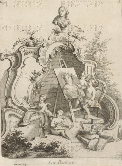 Rocaille with allegory of painting, La Peinture, print, album page, ornamental print, This print is