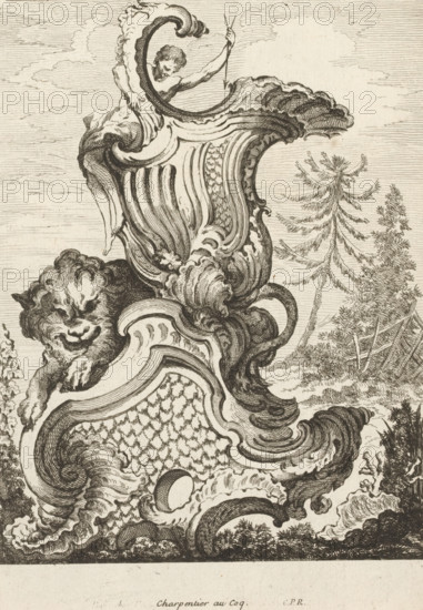 Rocaille with lion, Nouveau Livre de forme d'ornemens rocaille, et vase, Series with rocailles and