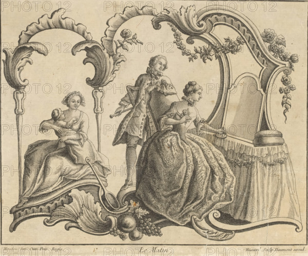 Rocaille with elegant gentleman and two ladies, Le Matin, print, album page, ornament print, Print