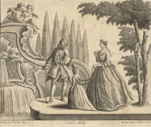 L'aprés Midy, Couple walking with child by fountain with seed beads, print, album page, ornament