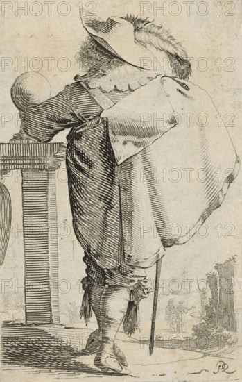 Gentleman, dressed in the fashion of ca. 1630, seen from behind, album page, costume print, with