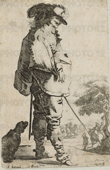 Man facing right, dressed in the fashion of ca. 1630, album page, costume print, Man with hat on