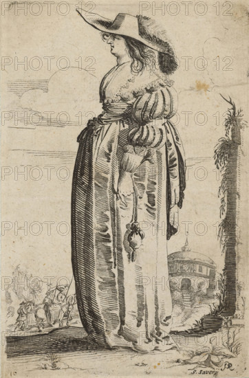 Woman, dressed in the fashion of about 1620, facing left, album, album page, costume print, Woman