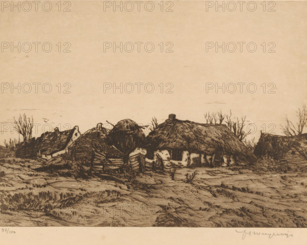 Farmhouses, print, Four low farmhouses and a haystack, collector's mark: 'qJh', printmaker: Hendrik