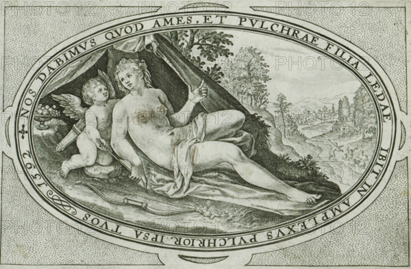 Venus, Gods and goddesses involved in the Judgment of Paris, print, album page, Landscape with