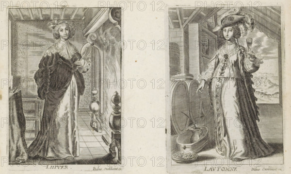 L Hiver, Winter, The Four Seasons, print, album page, A warmly dressed woman stands with a fan in