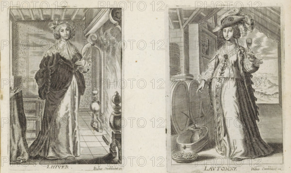 L Autumn, Autumn, The Four Seasons, print, album page, A woman with a feathered hat on her head