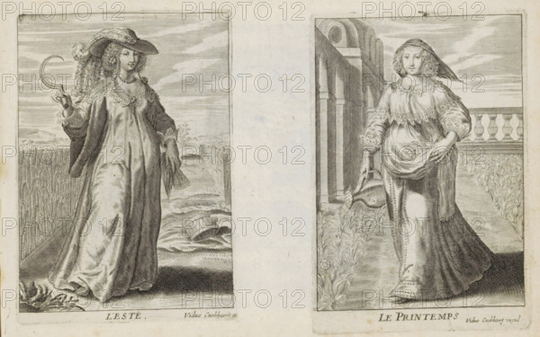 Spring, Le Printemps, The Four Seasons, print, album page, A richly dressed woman with picked