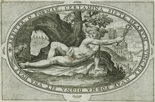 Mercury, Gods and goddesses involved in the Judgment of Paris, print, album page, Landscape with