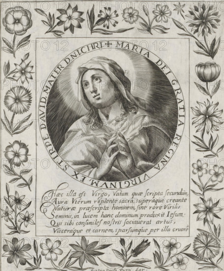 Virgin Mary, Imagini Gentilissime delle dodici Sibille, print, album page, Mary lifts her eyes to