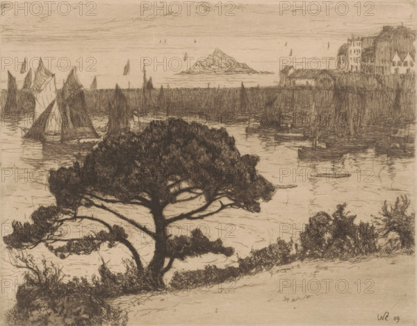 Fischerhafen in den Bretagne (original title on object), print, View of a harbor with sailboats.,