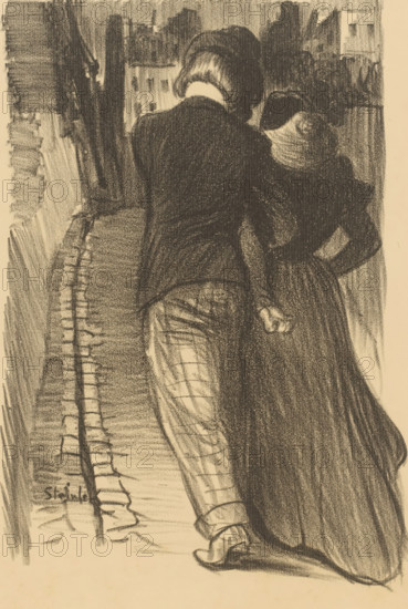 Arm-armed walking couple seen from the back, print, inscription, printmaker: Théophile Alexandre