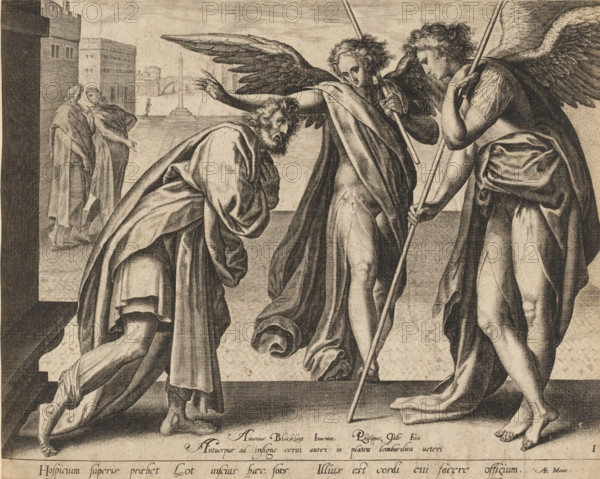 Lot and the Two Angels, print, album page, Lot meets two angels at the city gate of Sodom and