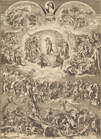 Last Judgment, print, album page, Print is part of an album., after painting by Michelangelo, 1700