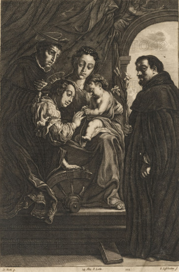 Mystical Marriage of Saint Catherine of Alexandria, print, album page, Present at the marriage are